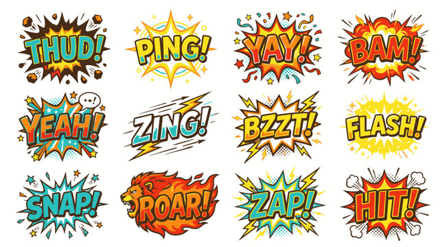 Dynamic comic sound effect bubbles with action words.