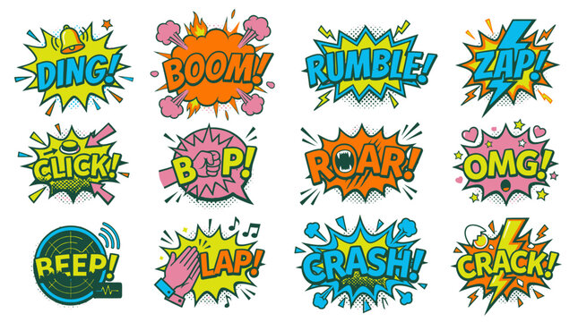 Dynamic comic sound effect bubbles with ding and rumble.