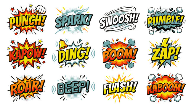 Dynamic comic sound effect icons and speech bubbles.