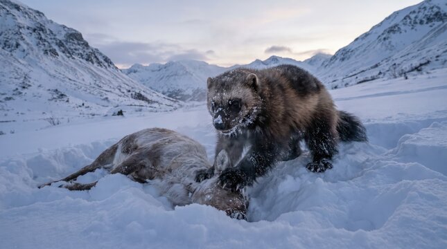Wolverine feeding on carcass in snowy Alaskan wilderness