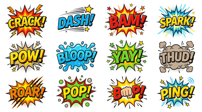 Dynamic retro comic sound effects burst speech bubbles set.