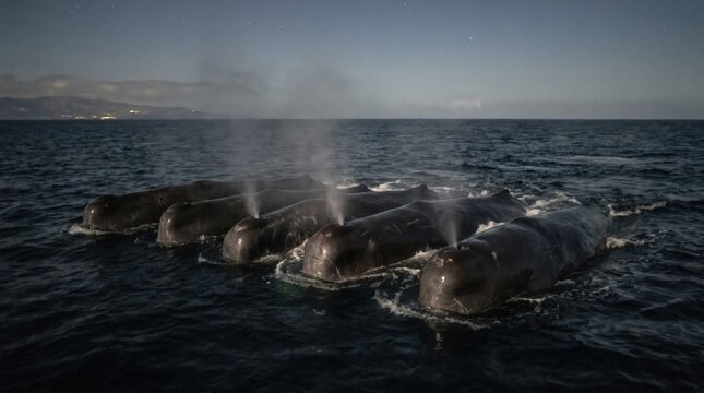 Group of Sperm Whales Breaching at Night