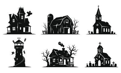 Obraz premium Haunted House and Spooky Building Silhouette Set Halloween Vector Collection