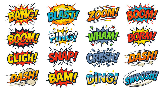 Dynamic set of action comic speech bubbles and sound effects.