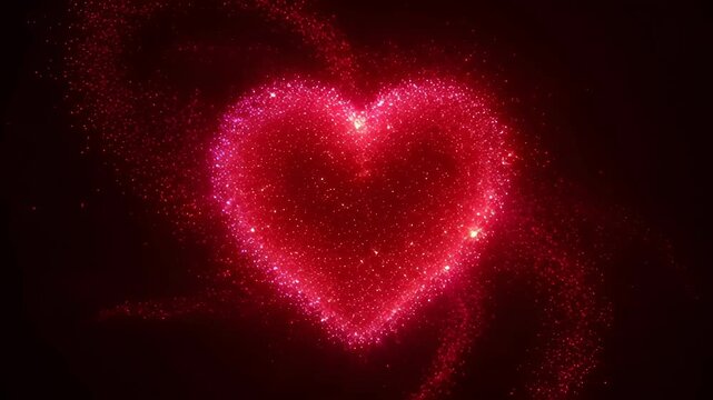 Glowing heart shape with red sparkle particle dust absorb nubes on dark romantic abstract light background, heart shape absorb nubes red spark on dark background
