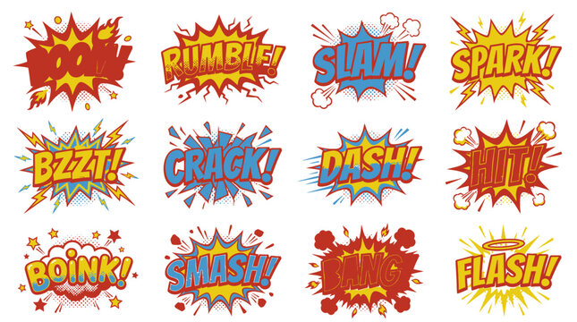 Dynamic set of comic speech bubbles with action words.