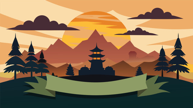 Asian pagoda silhouette during a vibrant sunset over layered mountains and pine trees with a central banner for text overlay