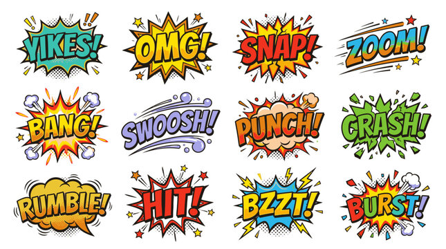 Dynamic action sound bubbles with crash and rumble text.