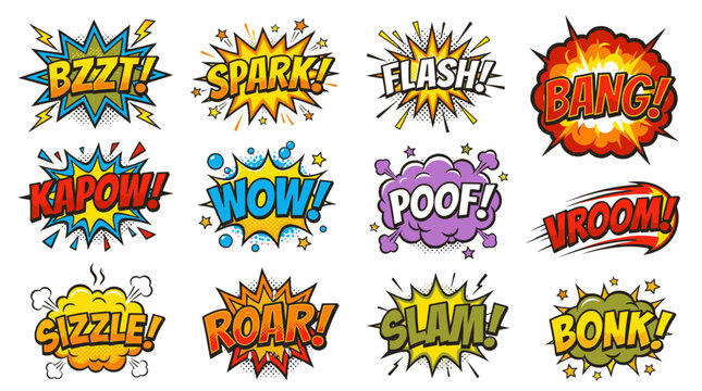 Dynamic comic speech bubbles and action sound effects collection.