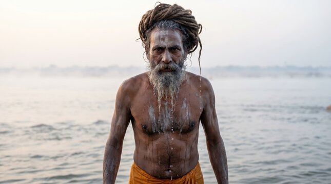 Sadhu in Holy Ganges River, Varanasi, India