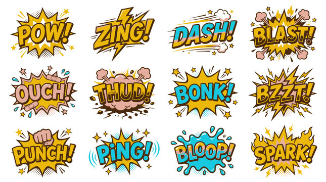 Energetic comic book action sound effects collection
