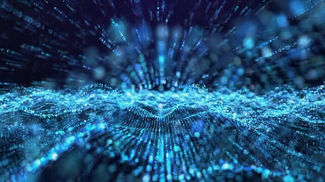 Abstract binary code rain falling onto a glowing blue digital data wave