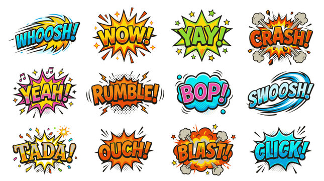 Energetic comic book action stickers and speech bubbles.