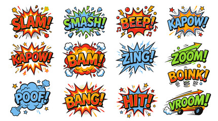 Fototapeta premium Dynamic comic book action sound effect stickers on white.