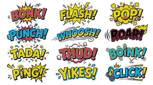 Energetic comic book sound effect bubbles stickers collection.