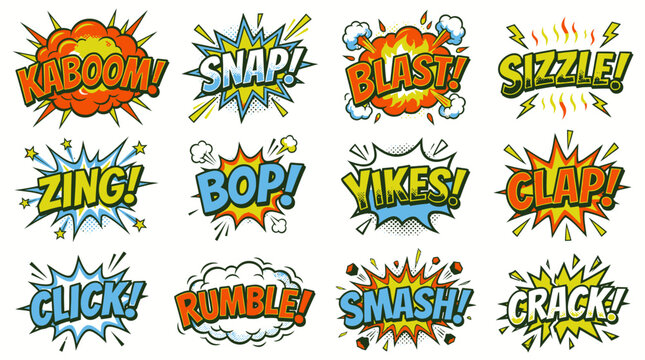 Dynamic comic action words including kaboom snap and blast.