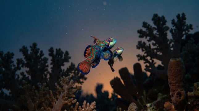 Two Mandarin Fish Swimming Together in Coral Reef