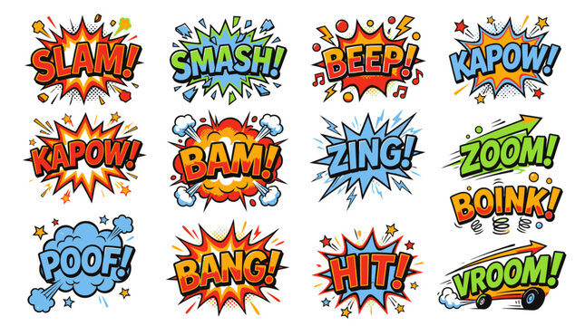 Dynamic comic book action sound effect stickers on white.