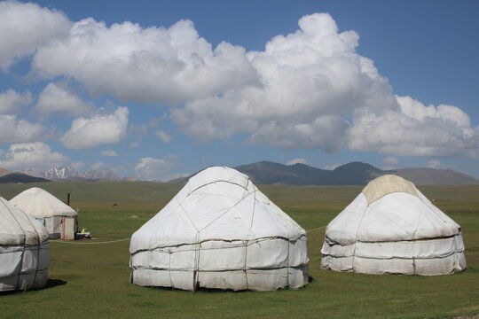 tent in the mountains, clouds, Kyrgyzstan, nomads, yurt