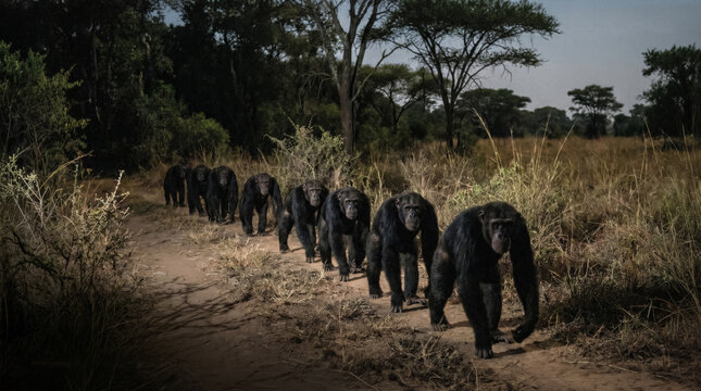 Chimpanzee troop walking single file on dirt path