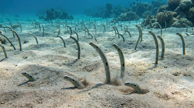 Garden eels emerging from sandy seabed in clear blue ocean