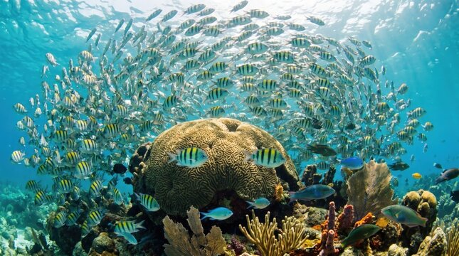 School of Sergeant Major Fish Surrounds Coral Reef