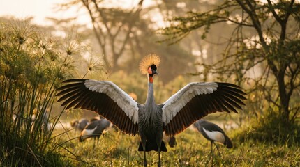 Fototapeta premium Grey Crowned Crane Spreads Wings at Sunrise in African Savannah