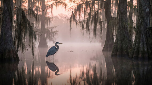 Great Blue Heron in Misty Swamp at Sunrise
