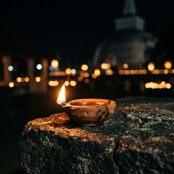 Traditional clay oil lamp burning at night with a blurred Buddhist temple stupa background in Sri Lanka