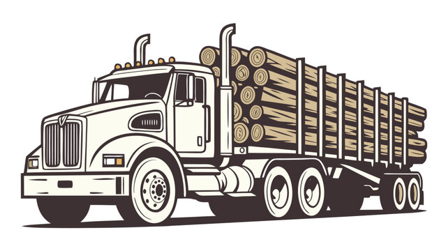 Vector illustration of a heavy log truck transporting timber on a white background with transport, industry