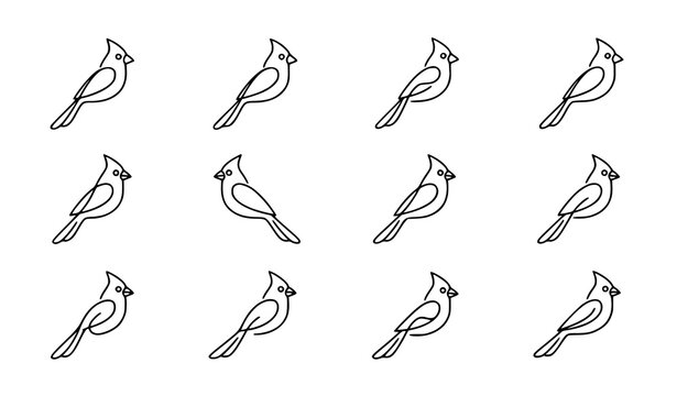 Northern Cardinal line art vector set with elegant minimalist bird outline icons for luxury design