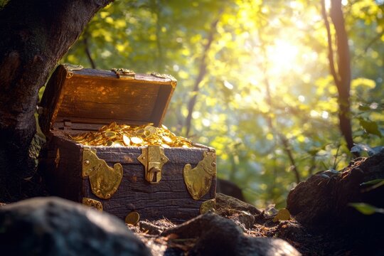 Wooden chest gold coin forest treasure sunlight tree moss rock hidden fantasy ancient antique open rich shiny nature outdoors woodland magical adventure mystery cache storage metal lock brown