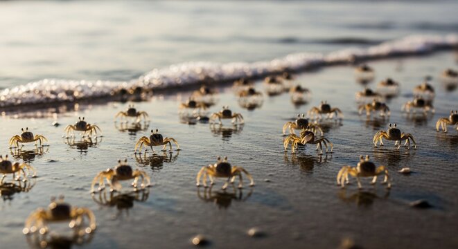 Tiny Ghost Crabs Scuttling Across Wet Sand as Ocean Waves Retreat