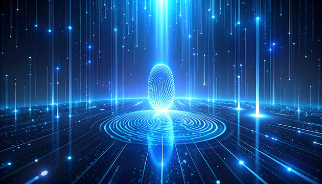 Abstract digital fingerprint glowing with blue light particles, data stream, network connection, technology concept