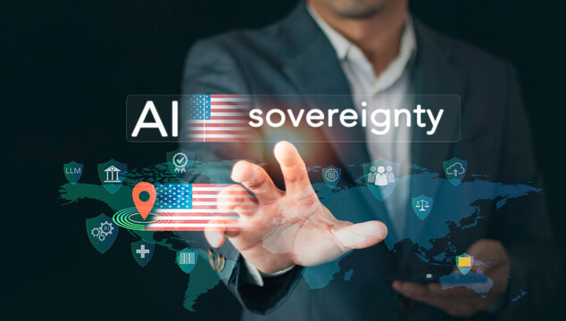 Businessman interacting with a digital map interface representing national AI sovereignty. Concept of sovereign cloud, local data infrastructure, cyber security, and autonomous AI governance policy.