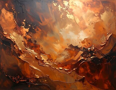 Abstract artwork featuring layers of warm hues brown, orange, and gold, resembling textured landscape or fluid forms with light