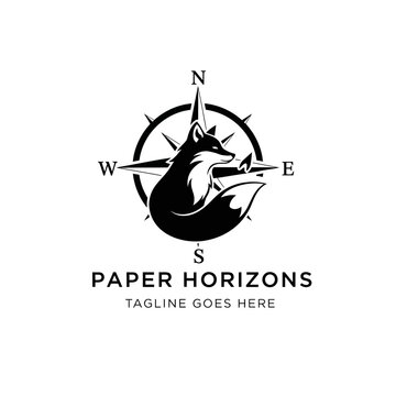 Sophisticated black and white logo combining a clever fox profile with a classic nautical compass for travel or creative direction.