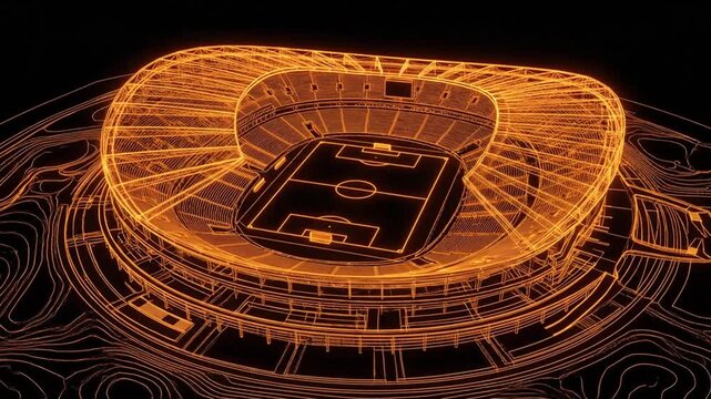 Futuristic digital rendering of a soccer stadium with neon glowing wireframe design for sports innovation visuals