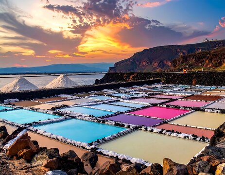 Aerial view showcases colorful salt pans with sea, mountains, and sunset