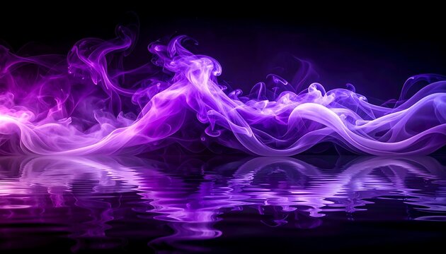 Abstract, vibrant image features swirling purple smoke reflected in water. The dark background emphasizes the bright hues