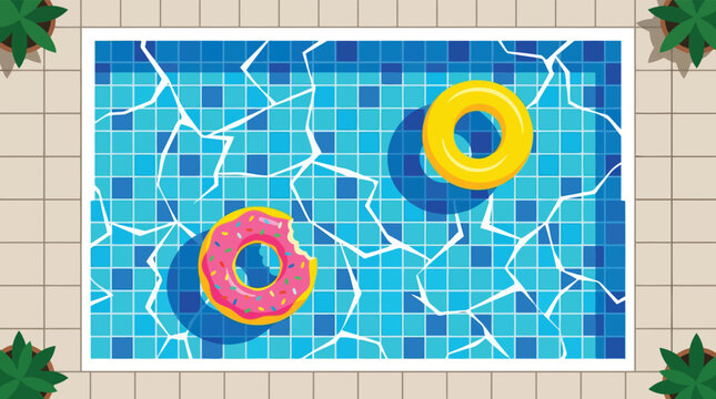 Top view swimming pool vector illustration with colorful inflatable donut and ring floats for summer vacation