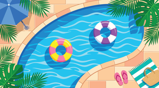 Top View Summer Swimming Pool Background with Inflatable Rings Tropical Leaves and Beach Accessories for Vacation Promo