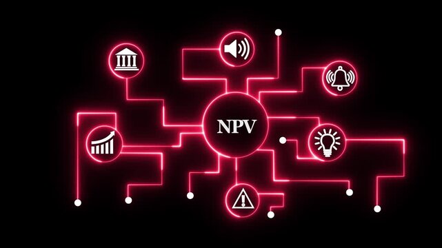 Dynamic net present value npv financial analysis infographic with glowing red digital network connections, data and corporate investment strategy metrics for business presentations