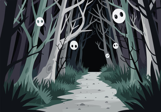 A spooky forest path with ghostly faces