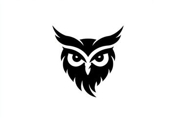 Fototapeta premium Stylized Owl Silhouette: A striking black silhouette of an owl's face, featuring piercing eyes, pointed ear tufts, and a distinguished beard, presented on a clean white background.