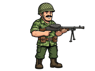 Fototapeta premium Cartoon Soldier Mascot Holding Vintage Machine Gun in Camouflage Uniform Isolated on White