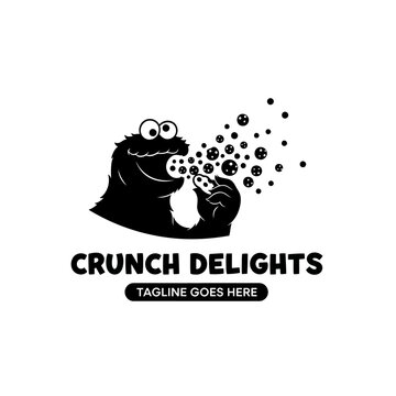 Humorous blue monster head eating a snack with flying crumbs, suitable for bakeries, cookie brands, or snack shops.