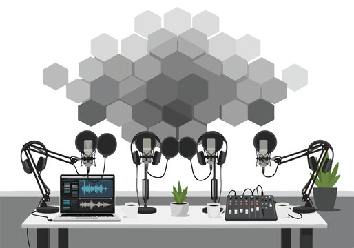 A recording studio setup with multiple microphones and equipment