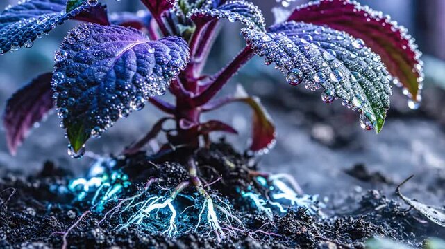 Mysterious plant with dew drops and glowing blue roots