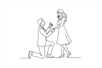 Obraz premium Man proposing marriage to woman with engagement ring black and white line art vector illustration, marriage
